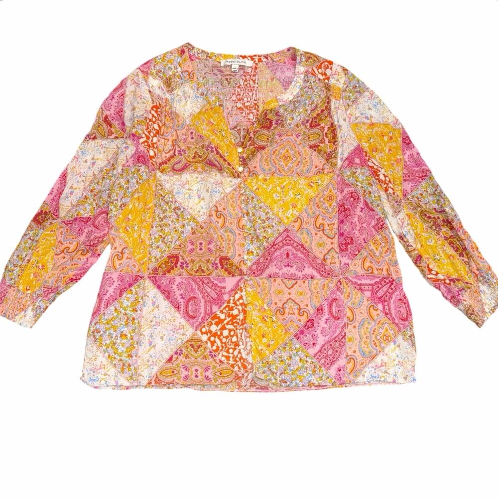 Patchwork Paisley Floral Blouse Top Pink Size L Button Up Boho Long Sleeve